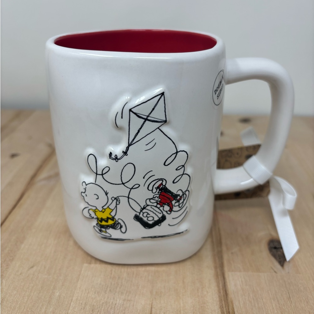 Rae Dunn EVERYTHING SEEMS FINE Mug White Ceramic Red Interior Charlie Brown New
